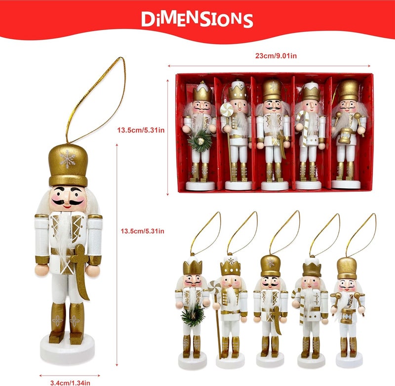 MicoSim Mini Nutcrackers Figures Wooden Christmas Decor, Hanging Nutcracker Ornaments for Xmas Tree, Wood Nut-Crackers Christmas Decorations for Festival Party (Gold, 5PCS) - Image 2